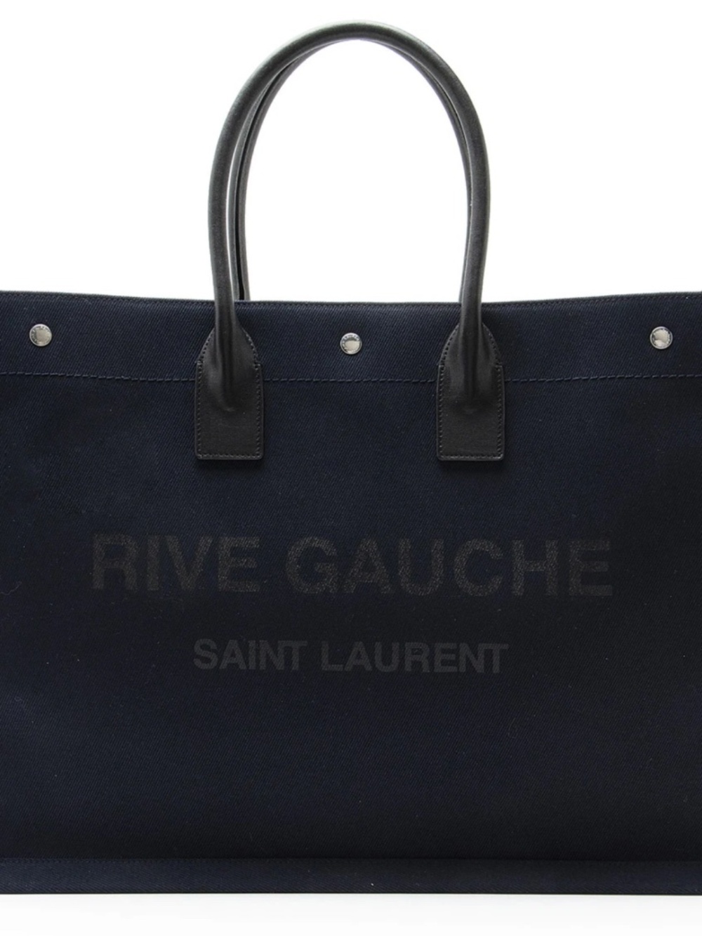 Saint Laurent YSL Rive Gauche Navy Black Canvas Logo Leather Tote Bag